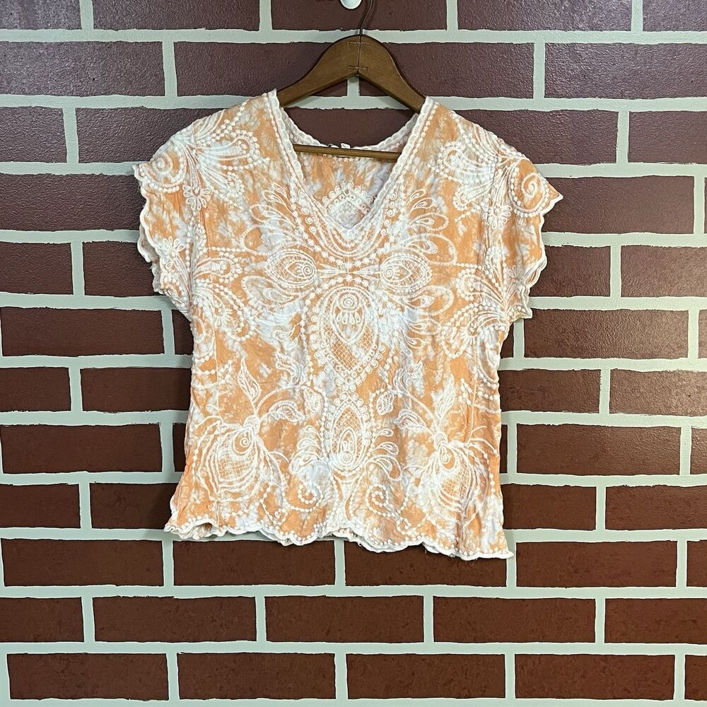 SOLITAIRE V-neck Short Flutter Sleeve Orange Top Fully Embroidered size Medium